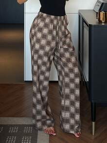DAZY Women's Plaid Loose Elastic Waist Oblique Pocket Pajama Bottoms - Brown - View 6