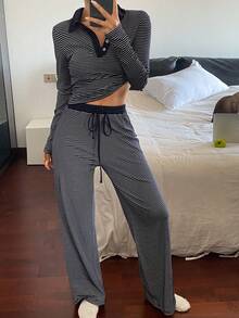 Livesso 条纹修身短款翻领上衣和长裤家居服套装，秋冬睡衣，舒适休闲装 - 藍色 - 查看 7