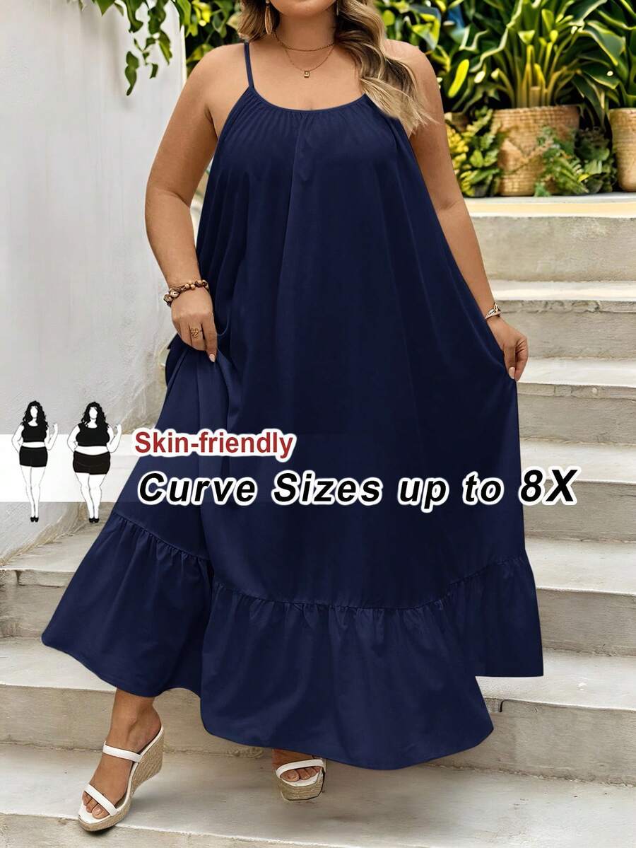 SHEIN CURVE+ 纯色加大码吊带摆裙，长款度假连衣裙，结婚纪念日连衣裙，白色连衣裙，波西米亚风长款白色连衣裙 - 霧霾藍 - 查看 1