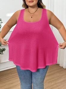 SHEIN CURVE+ Áo thun ba lỗ không tay rộng rãi, thoải mái, thời trang dành cho nữ cỡ lớn - Màu Hồng Tươi - Xem 3