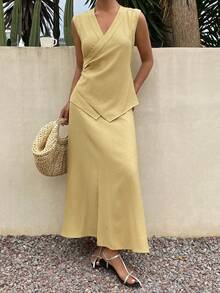 DAZY Women's Elegant Solid Color Asymmetric Vest & Skirt 2 Pieces Set, Spring/Summer - Yellow - View 3