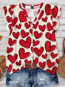 EMERY ROSE 女士休闲爱心图案衬衫，适合夏季、情人节、女士情人节礼物、情人节 - 彩色 - 查看 3
