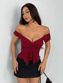 SHEIN PETITE Áo hai dây không tay dáng ôm, phối lưới, thắt dây sau lưng, kiểu dáng bồng bềnh, thích hợp cho nữ, kiểu dáng thường ngày đi nghỉ mát. - Màu Đỏ Sâu - Xem 13