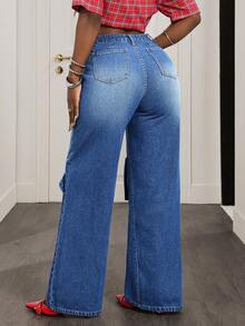 Slaydiva Women's Casual Fashion Street Style High Waist Patchwork Loose Wide-Leg Jeans - Blue - View 2