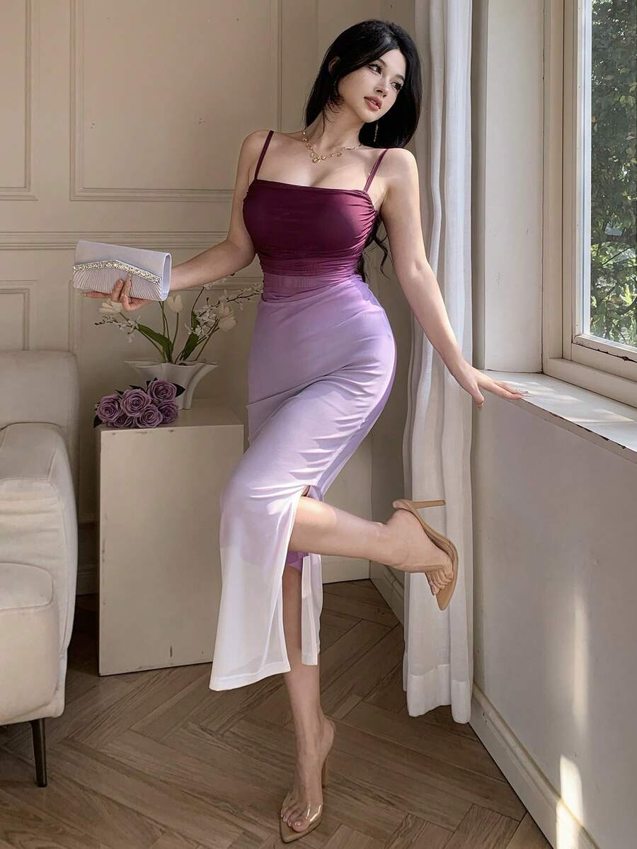 DAZY 女士优雅渐变褶皱吊带中长连衣裙，夏季 - 紫色 - 查看 1