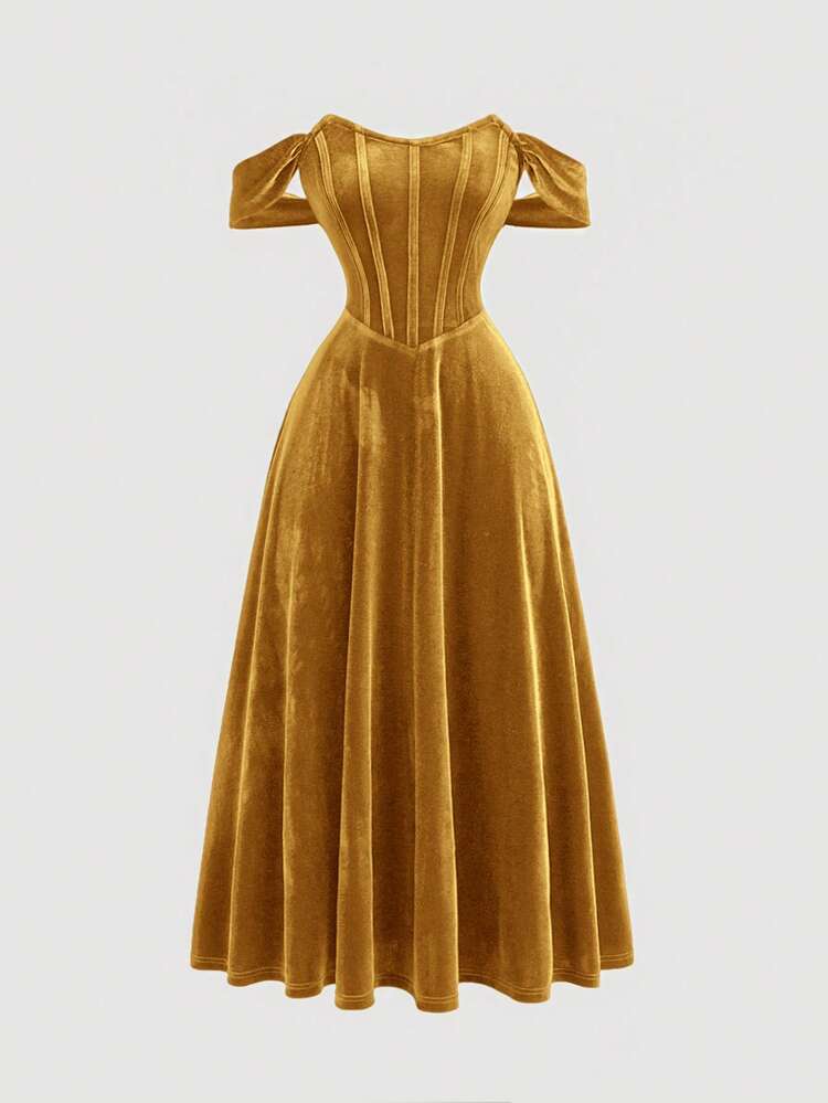 plus size gold velvet dress Plus Size Velvet Wedding Guest Dress with V-Neck and Flutter Sleeves