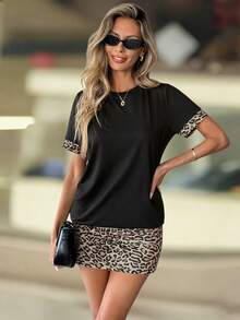 EMERY ROSE 女士豹纹拼接圆领短袖休闲迷你连衣裙 - 彩色 - 查看 4