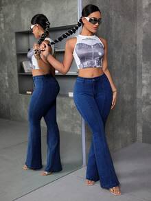 SHEIN Tall 女士休闲百搭水洗修身喇叭牛仔裤 - 深色水洗藍 - 查看 5