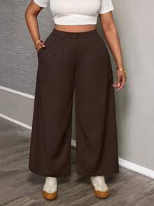 SHEIN PETITE CURVE Calça feminina plus size de cintura alta com pregas, bolsos e pernas largas. Calça feminina de pernas largas na cor marrom. Calça feminina de cintura alta e pernas largas para o verão, primavera, para sair e para ocasiões casuais. - Castanho - Ver 4