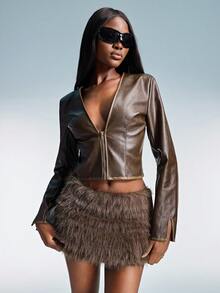 Aveloria GENKIRA Vintage Distressed Brown Moto Jacket With Deep V-Neck, Zip-Up Closure And Faux Fur Collar Paired With Low-Waist Mini Skirt, 2-Piece Set For Women - Coffee Brown - View 4