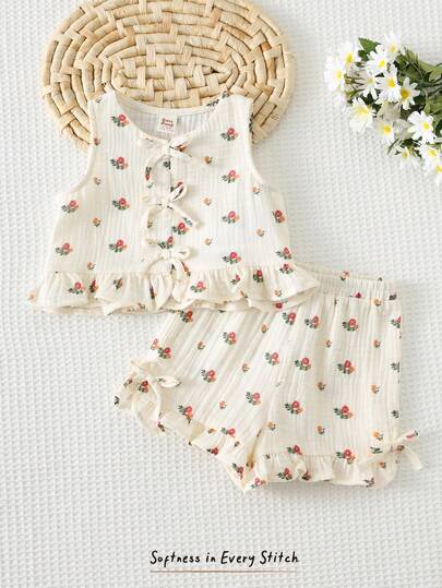 Cozy Pixies 2pcs Baby/Toddler Girl Ditsy Floral Round Neck Bow Tie Sleeveless Top And Elastic Waist Ruffle Hem Pants Set, Versatile, Comfortable, Sweet And Cute, Suitable For Outings, Street Style, Casual, Travel, Holidays, Parties And Various Occasions Toddler Linen Set Cherry Baby Outfit Flower Two Piece Set Toddler 2pcs Set Toddler Girls Cute Vintage Style