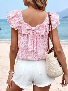 Sylviya 女士休闲碎花印花蝴蝶结后背荷叶边短袖衬衫，日常穿着，春夏