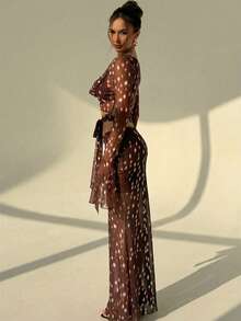 Aloruh 女士波点印花荷叶边领口喇叭袖打结腰部露脐上衣和鱼尾中长裙两件套 - 彩色 - 查看 5