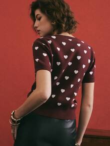 Poéselle Wine Red Heart Print Knit Cardigan - Short Sleeve Button Up Sweater For Cute And Sweet Outfits,Women's Casual Commuting Heart Knitted Short Sleeve Cardigan,Heart,Valentine's Day,Valentines,Red,Burgundy,Party - Coffee Brown - View 6