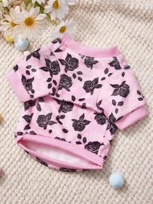 PETSIN 1 Printed Black Rose Flannel Sweatshirt, Pet Autumn And Winter Thick And Warm Pink Version - Pink - View 1