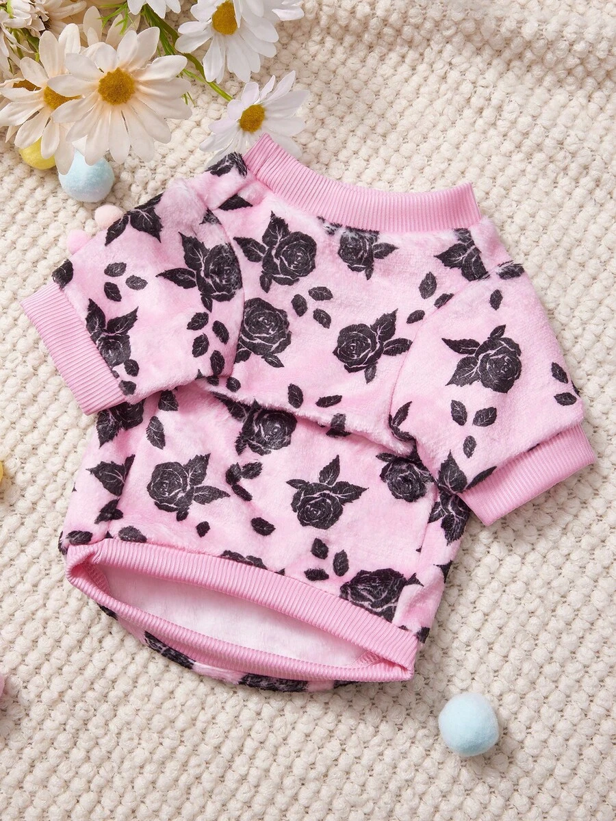 PETSIN 1 Printed Black Rose Flannel Sweatshirt, Pet Autumn And Winter Thick And Warm Pink Version - Pink - View 1