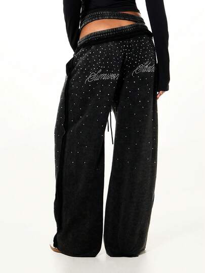 SUMWON WOMEN Oversized Rhinestone Embellished Washed Joggers With Double Waistband And Drawstring Closure For Casual Winter Loungewear