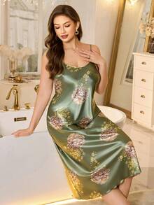 MuseNap CURVE 1件装女士优雅印花缎面吊带长款睡裙，四季皆宜绿色睡裙女士睡裙缎面睡裙 - 綠色 - 查看 3