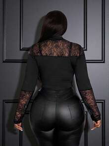 Slaydiva 新款/复活节/西部风/节日/新年/情人节性感/街头风女装/辣妹风情人节透视大码连体衣网纱蕾丝拼接牛奶丝连体衣 - 黑色 - 黑色 - 查看 3