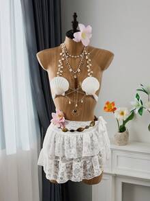 Bellisia Áo khoác ngoài mùa hè cho nữ, màu trơn, chất liệu ren, xếp lớp, buộc dây bên hông, có chân váy xếp tầng. - trắng - Xem 1