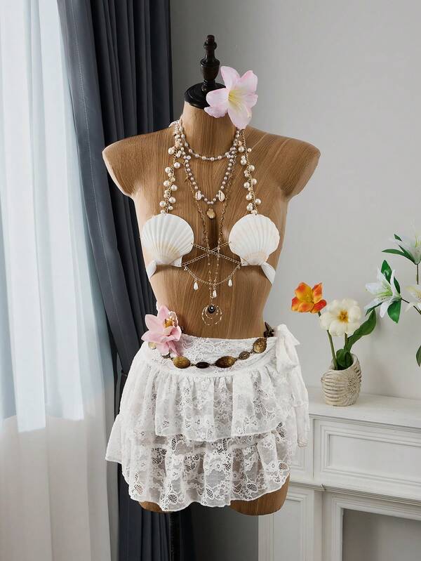 Bellisia Vestido de playa de verano para mujer de unicolor con encaje en capas, lazos laterales y volantes en el bajo