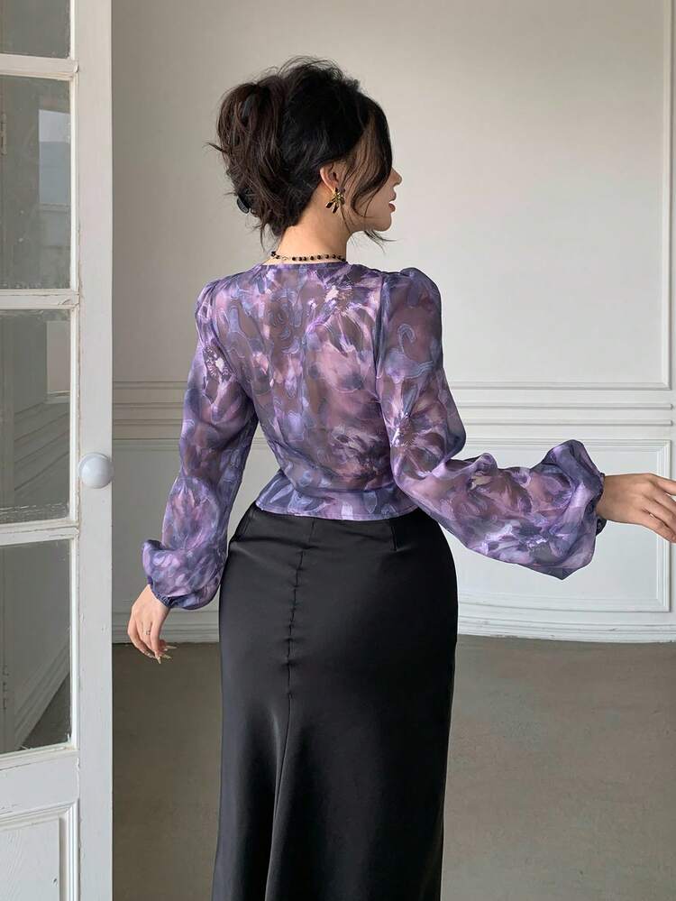 Women's Elegant Floral Print V-Neck Puff Sleeve Belted Blouse, Spring/Summer,Wedding Guest Dress Women