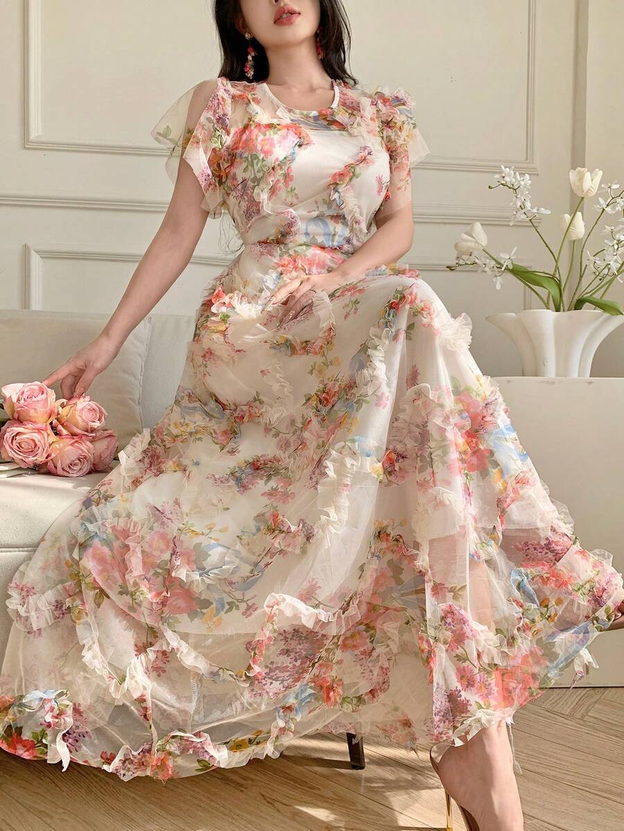 Celisse Women's Textured Mesh Printed X-Shaped Waist Dress, Elegant & Romantic, Spring/Summer - Multicolor - View 1