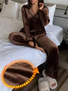 DAZY 2pcs/Set Women Winter Plush Contrast Trim Pajama Set - Brown - View 3
