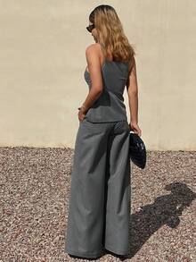 DAZY Women's Casual Denim Camisole Top And Wide Leg Pleated Straight Pants Set - Grey - View 5