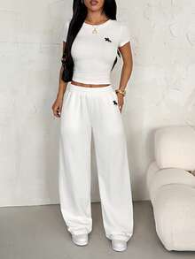 SHEIN PETITE 2pcs/Set Women Embroidery Knit Fitted Home Outfit, Summer White - White - View 11