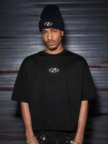 AXEPEAK 男士水钻几何图案圆领宽松休闲短袖T恤 - 黑色 - 查看 2