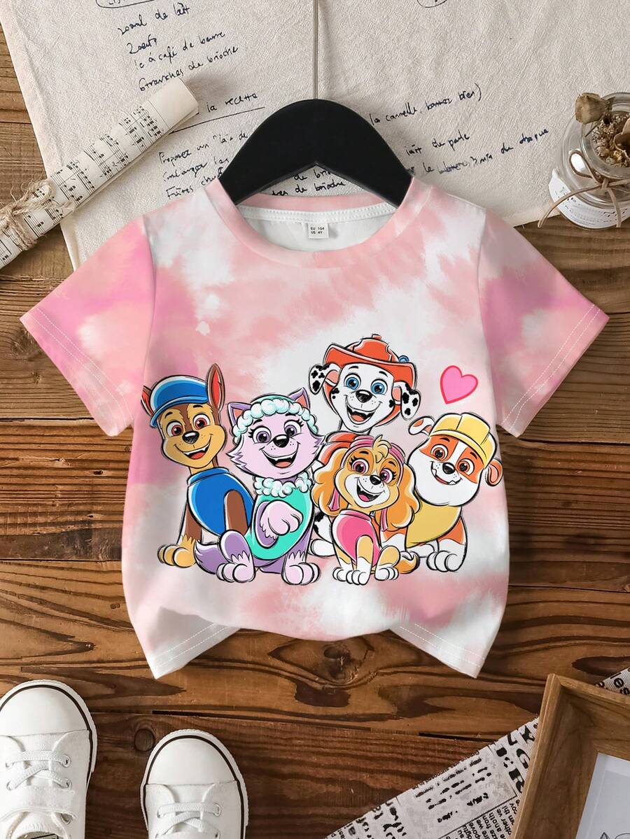 SHEIN | PAW Patrol Áo thun ngắn tay cổ tròn in hình chó dành cho bé gái, thích hợp mặc mùa hè. - trắng - Xem 1