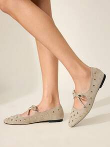 CUCCOO CHICEST Nuevos zapatos planos de punta cuadrada de unicolor, cómodos y casuales con decoración de moño, versátiles para primavera y otoño - Albaricoque - Ver 6