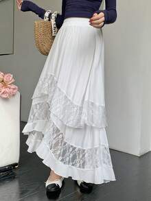 K-Vae New Lace Asymmetrical A-Line Cake Design Skirt, Spring/Summer - White - View 5