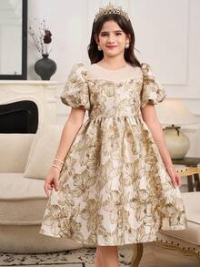 Girls' Elegant White Summer Wedding Short Sleeve Dress With Cute Ditsy Floral,Beaded And Bow Decor,Gold Flower Pattern,For Party And Casual Wear - Champagne - View 4