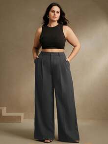 Anewsta Plus Size Women's Solid Color Pocket Pleated Fashionable Minimalist Modern Elegant Wide Leg Pants - Dark Grey - View 4
