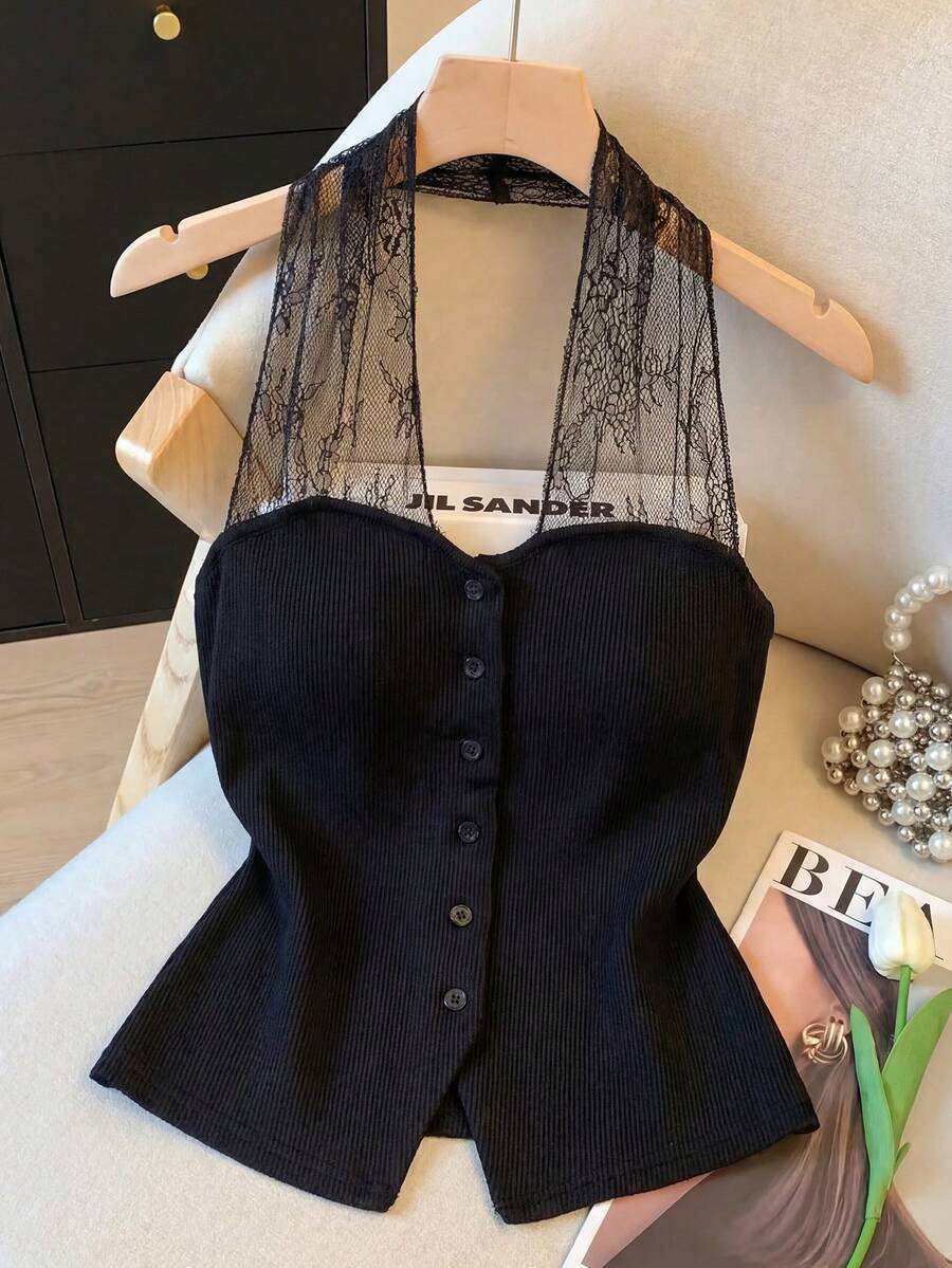 GlowEve Women's Black Solid Color Jacquard Lace Patchwork Backless Design Button Front Elegant Sleeveless Top, Suitable For Birthday, Date, Party, Valentine's Day, Carnival, Easter, Labor Day, Travel, Spring/Summer