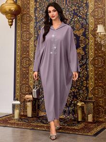 Al Najma Women's Purple Hooded Long Sleeve Beaded Elegant Turkish Abaya & Arabic Traditional Maxi Dress, Spring/Summer