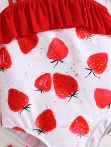 SHEIN Emery Rose Kids 女童草莓图案荷叶边泳衣和帽子套装，可爱针织夏季女童夏季度假沙滩西瓜印花荷叶边连体泳衣 - 紅白色 - 查看 8