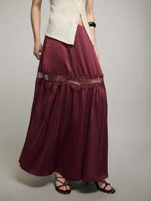Nöista Elegant Women's Burgundy Maxi Skirt With Delicate Lace Trim Detail And A Soft, Fluid Drape. Feminine And Romantic Silhouette With A Relaxed Fit, Perfect For Spring , Date Nights, Evening Looks, Spring Layering, And Special Occasions. - Red Violet - View 5