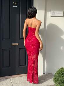Sunnyshic Đầm quây ngực gợi cảm và thanh lịch dành cho nữ, họa tiết hoa 3D, thích hợp cho các bữa tiệc và hẹn hò. - Màu Đỏ Sâu - Xem 2