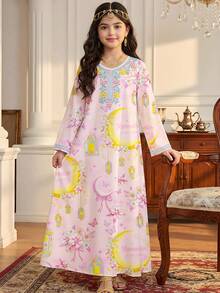 SHEIN Áo Jalabiya hoa hồng công chúa cho trẻ em, kiểu dáng thanh lịch cổ điển đính cườm và sequin họa tiết hoa, trăng, bướm, bó hoa, váy dài tay truyền thống kín đáo kiểu Ả Rập cho bé gái tuổi teen, thích hợp cho mùa xuân/hè, váy maxi dài tay công chúa thời trang thanh lịch, áo Abaya cầu nguyện, thoải mái dễ chịu, trang phục thường ngày, phong cách nghỉ dưỡng, áo Kaftan kín đáo, áo Jalabiya trẻ em, áo Jalabiya bé gái, kiểu dáng mới - Nhiều màu - Xem 3