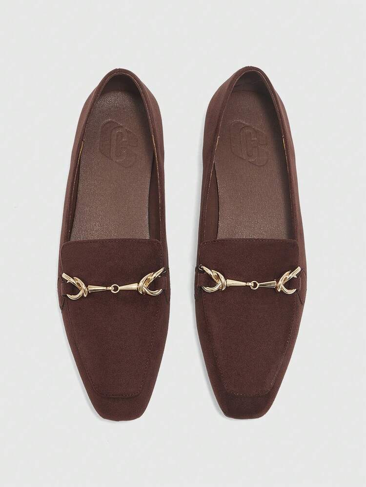 CUCCOO BIZCHIC Women's Square Toe Flat Coffee Color Metal Buckle Slip-On Loafers, Lightweight Comfortable Casual Shoes Valentine's Day