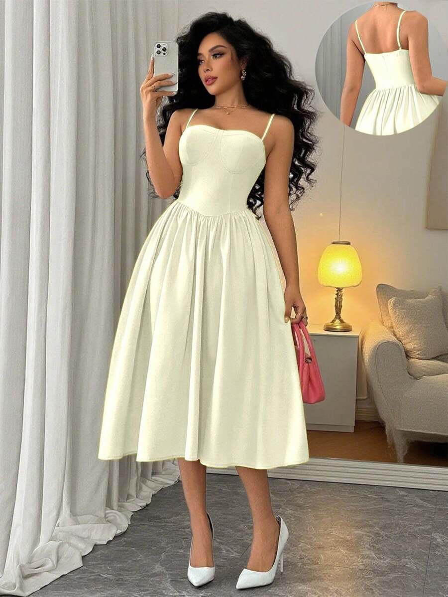 Rafferiza Đầm hai dây dáng xòe, thời trang, đa năng, thích hợp cho các buổi hẹn hò, dự tiệc, mùa thu/đông, dành cho nữ. - Màu be - Xem 1