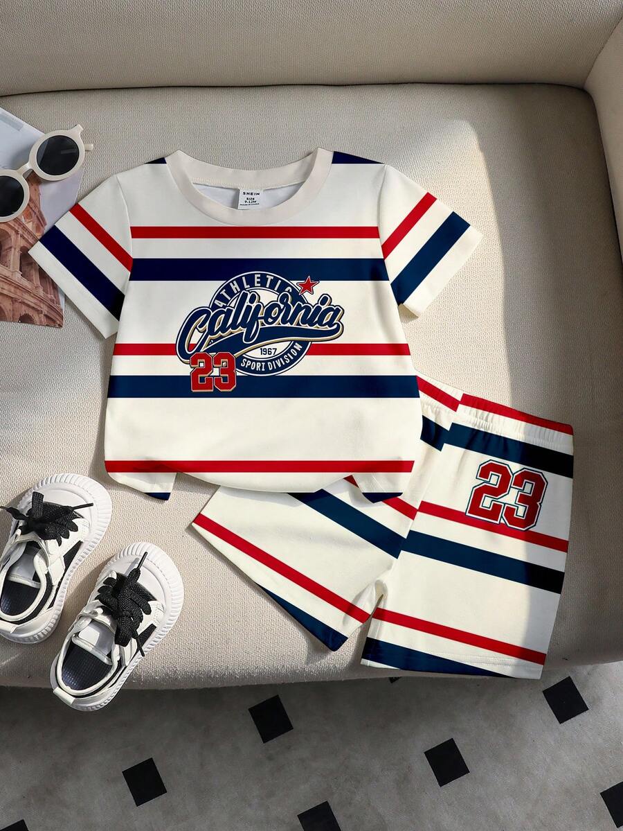 2 piezas Conjunto de niño/unisex bebé/niño pequeño 0-3 años, camiseta de cuello redondo con estampado de rayas y letras en contraste y pantalones cortos cómodos de punto con estampado de rayas, adecuado para primavera/verano, casual, al aire libre, básico, deportivo, moda minimalista - Multicolor - Ver 1