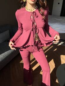 DAZY Stickad topp med knytning framtill, volangkant och vida byxor för kvinnor, pyjamasset - Bourgogne - Visa 8