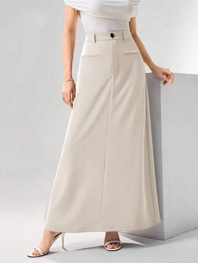 Heiryn Women's Solid Color Waist Button Design Casual Commuter Skirt