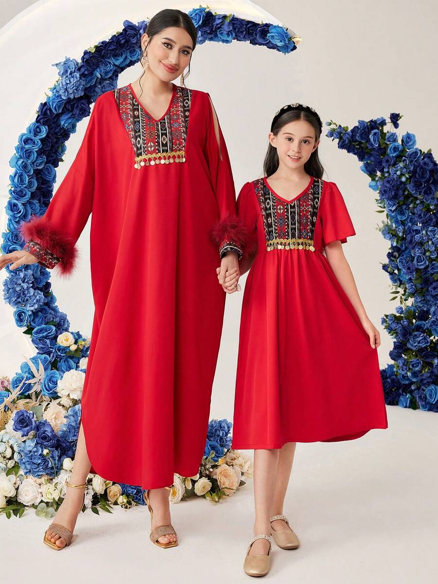 SHEIN 青少年女孩幾何圖案v領短袖a字裙,下擺弧形設計 - 紅色 - 查看 1