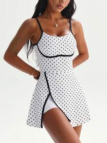 CourtClass 女士春夏高尔夫连衣裙，无袖波点印花撞色滚边开衩半身裙，搭配带口袋的同款短裤，适合休闲、跑步、瑜伽、健身、网球、高尔夫等场合。