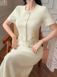 DAZY 女士优雅蕾丝拼接圆领上衣和半裙两件套，春夏款 - 白色 - 查看 4